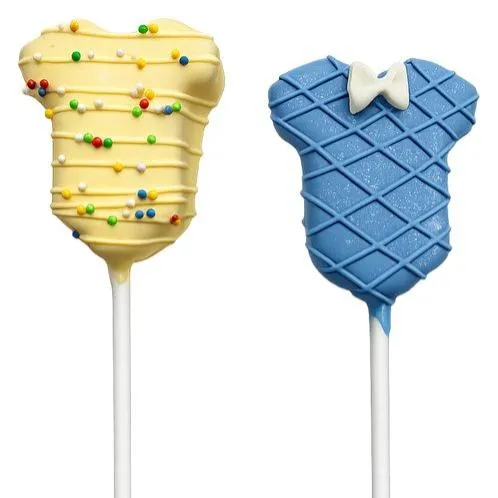 Yellow and blue onesie-shaped baby shower cake pops with sprinkles and an edible bowtie, by Sugar Coast Sweets