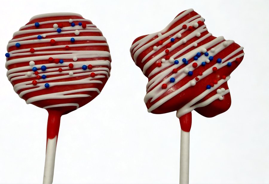 Red round and star cake pops with white drizzle and blue sprinkles, by Sugar Coast Sweets in Foley, AL
