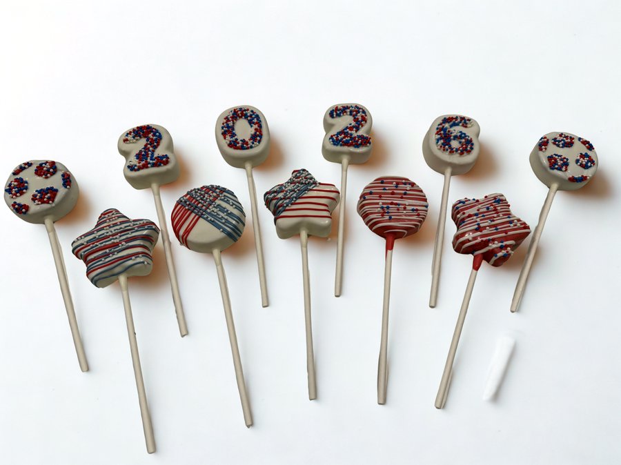 Cake pops spelling '2026' in red, white, and blue star designs for July 4th or World Cup celebrations, by Sugar Coast Sweets