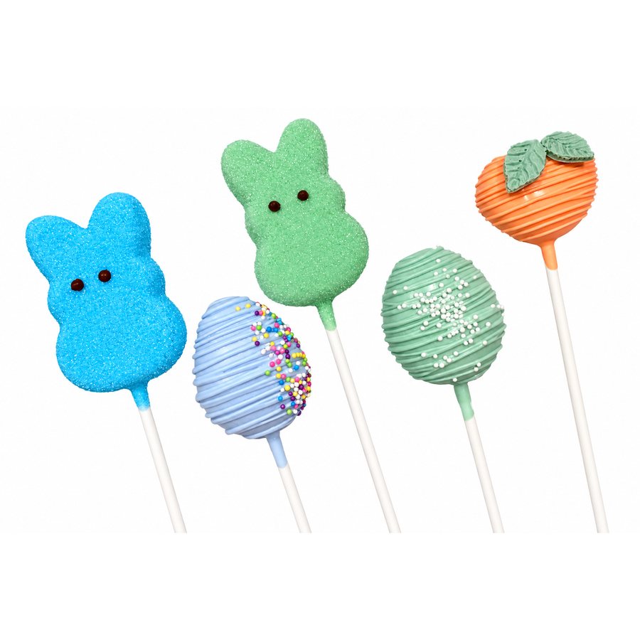 Easter cake pops shaped like blue and green bunny peeps, speckled eggs, and an orange carrot with chocolate leaves