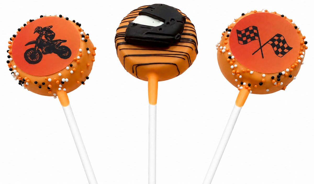 Three orange and black dirt bike themed cake pops with a motocross rider, racing helmet, and checkered flags