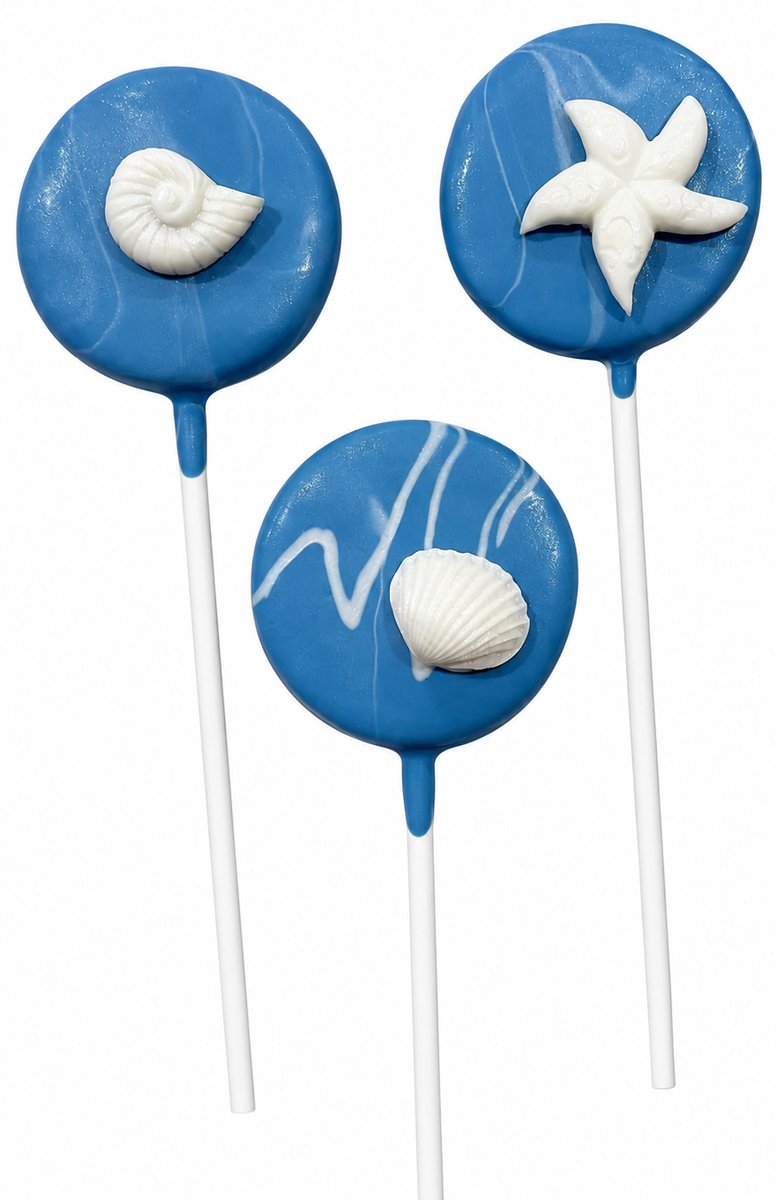 Deep blue ocean themed cake pops with white chocolate shells, by Sugar Coast Sweets
