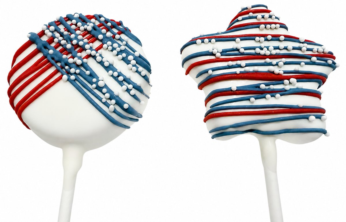 White chocolate cake pops striped red and blue with silver sprinkles, a patriotic Fourth of July design by Sugar Coast Sweets