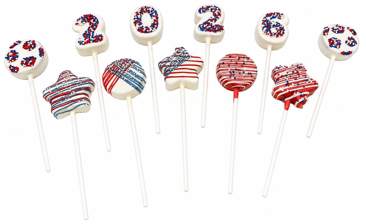 Cake pops spelling '2026' in red, white, and blue star designs for July 4th or World Cup celebrations, by Sugar Coast Sweets