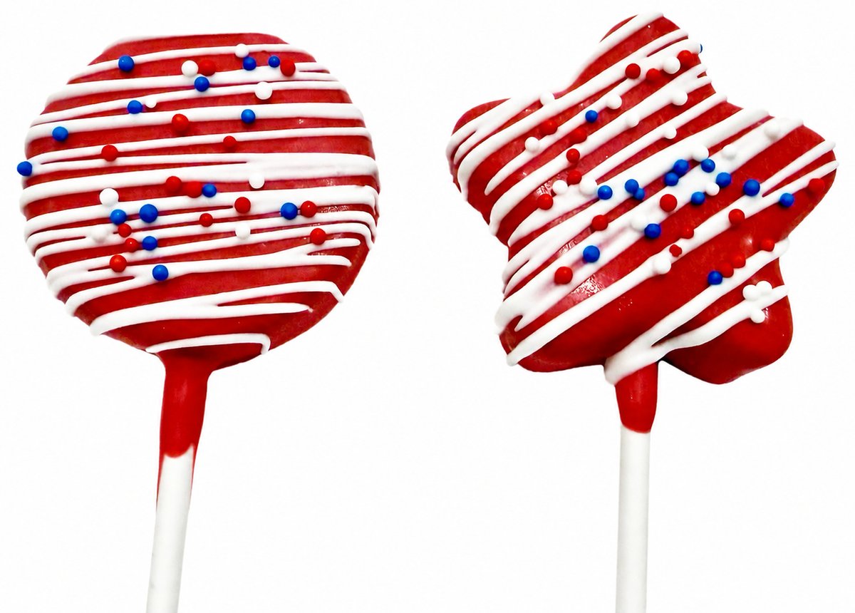 Round and star-shaped red cake pops with red, white, and blue sprinkles and white chocolate drizzle