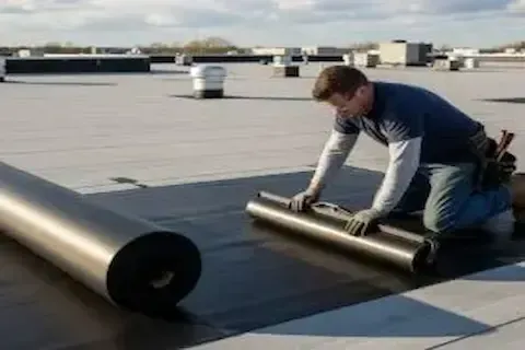 Roofer unrolling black EPDM rubber membrane across flat commercial rooftop