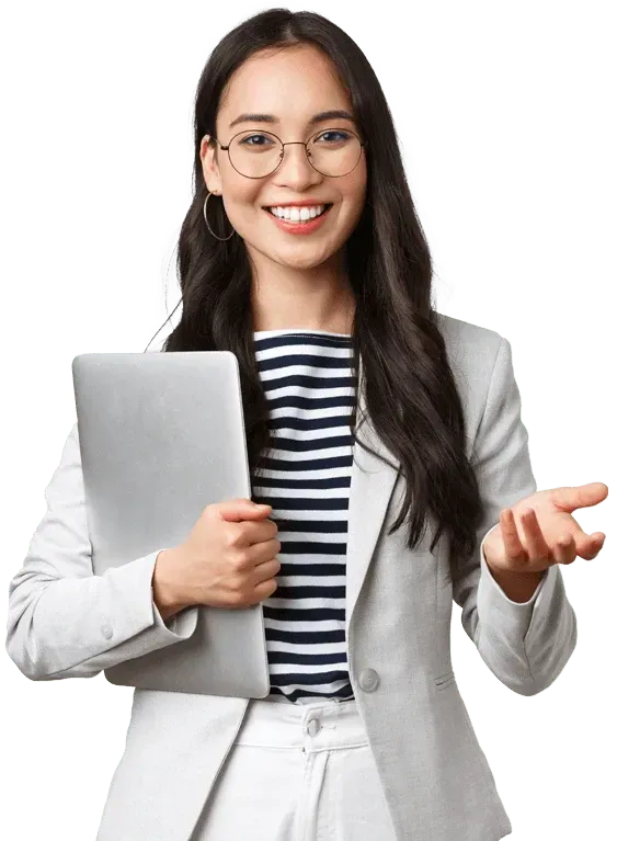 a woman in a business suit holding a tablet