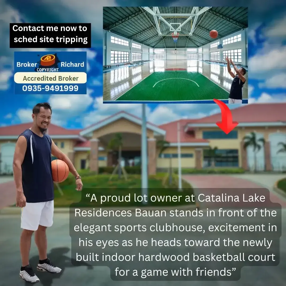 A proud lot owner at Catalina Lake Residences Bauan stands before the elegant sports clubhouse for basketball.