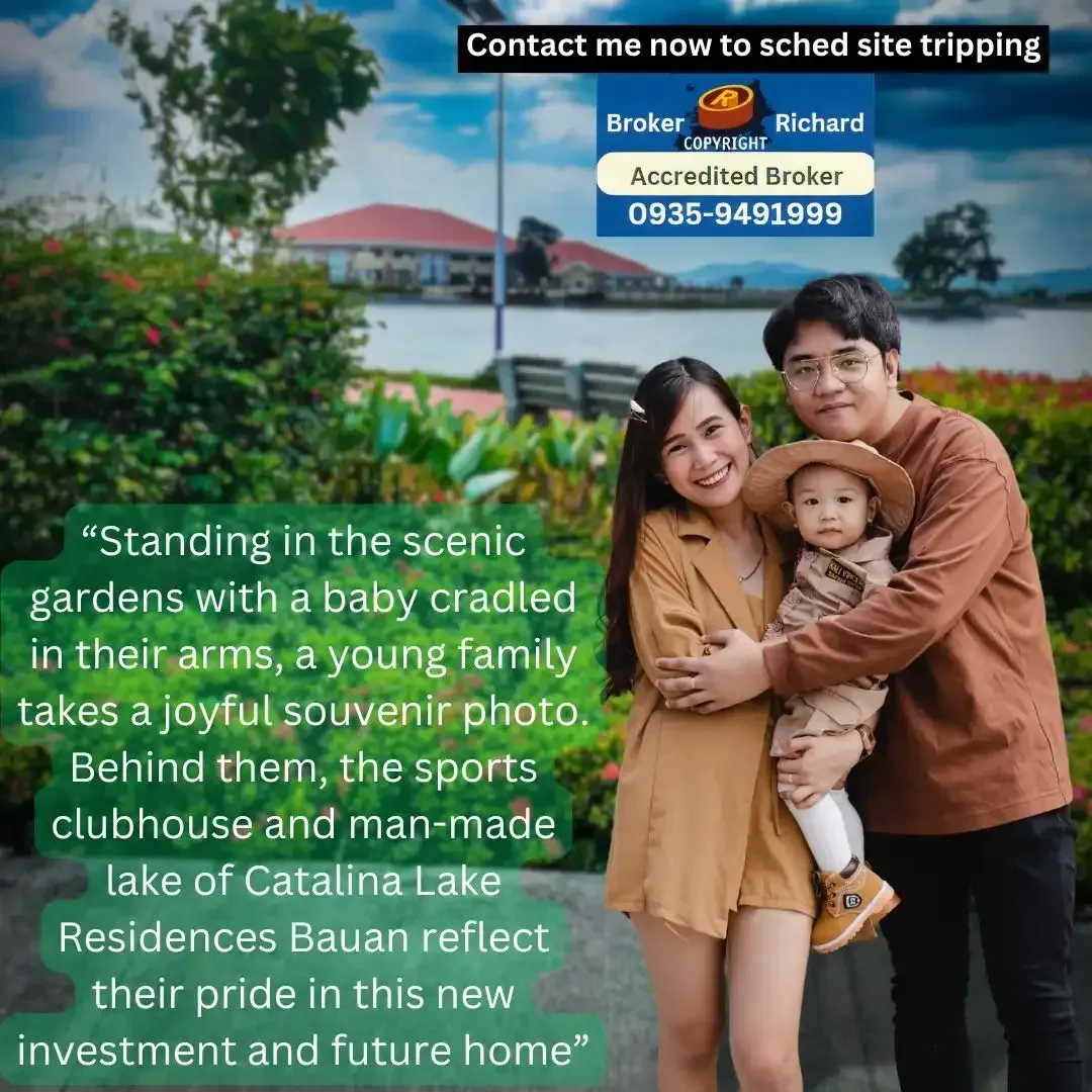 A young family smiles for a souvenir photo in the scenic gardens of Catalina Lake Residences Bauan.