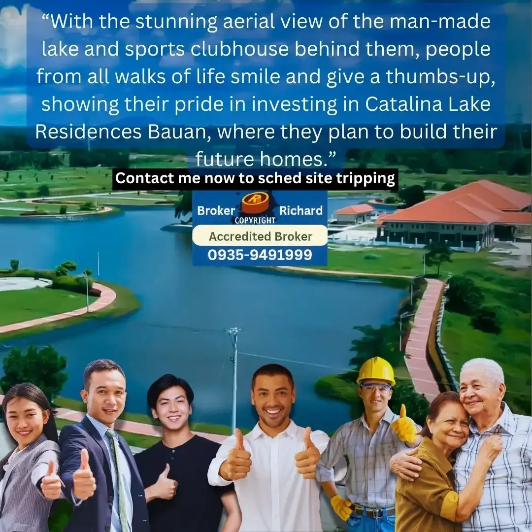 Proud investors at Catalina Lake Residences Bauan smile and give a thumbs-up with the lake behind them.