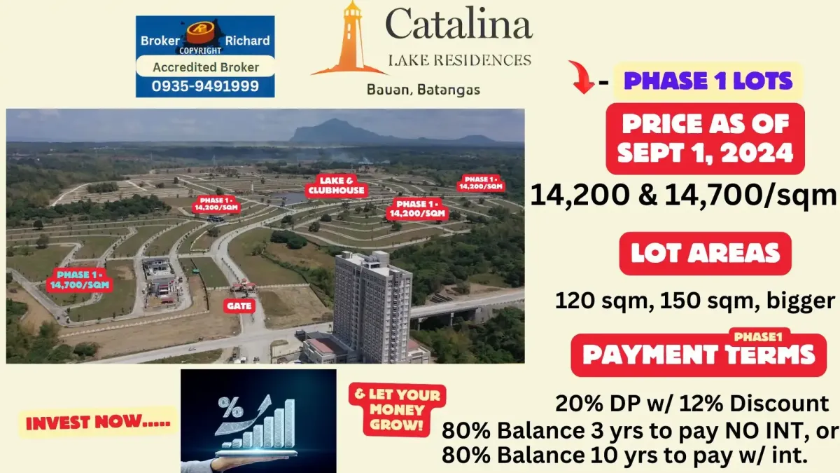 Catalina Lake Residences Bauan Phase 1  Price and terms Infographics as of Sept 1, 2024