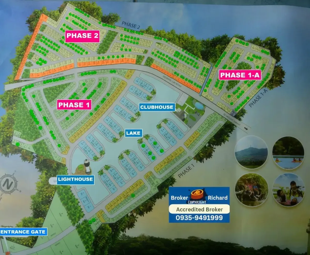 Explore the Catalina Lake Residences Orion Bataan map, showcasing key locations including the Main Gate, future Clubhouse, Phase 1, Phase 1A, Phase 2, and the serene Man-Made Lake.