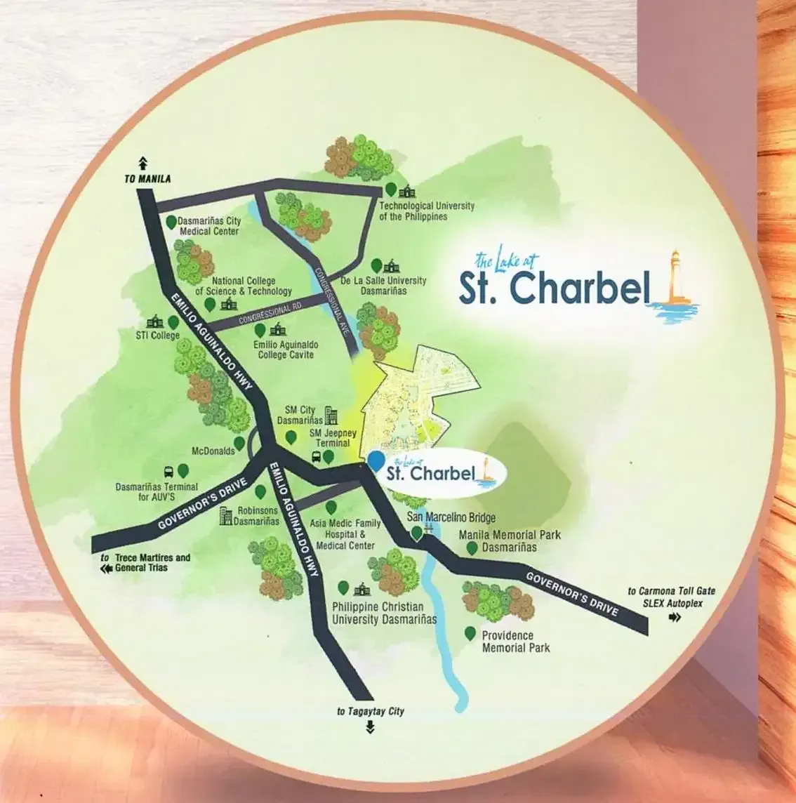 Vicinity map of The Lake at St. Charbel, highlighting nearby key locations and amenities accessible from the community.