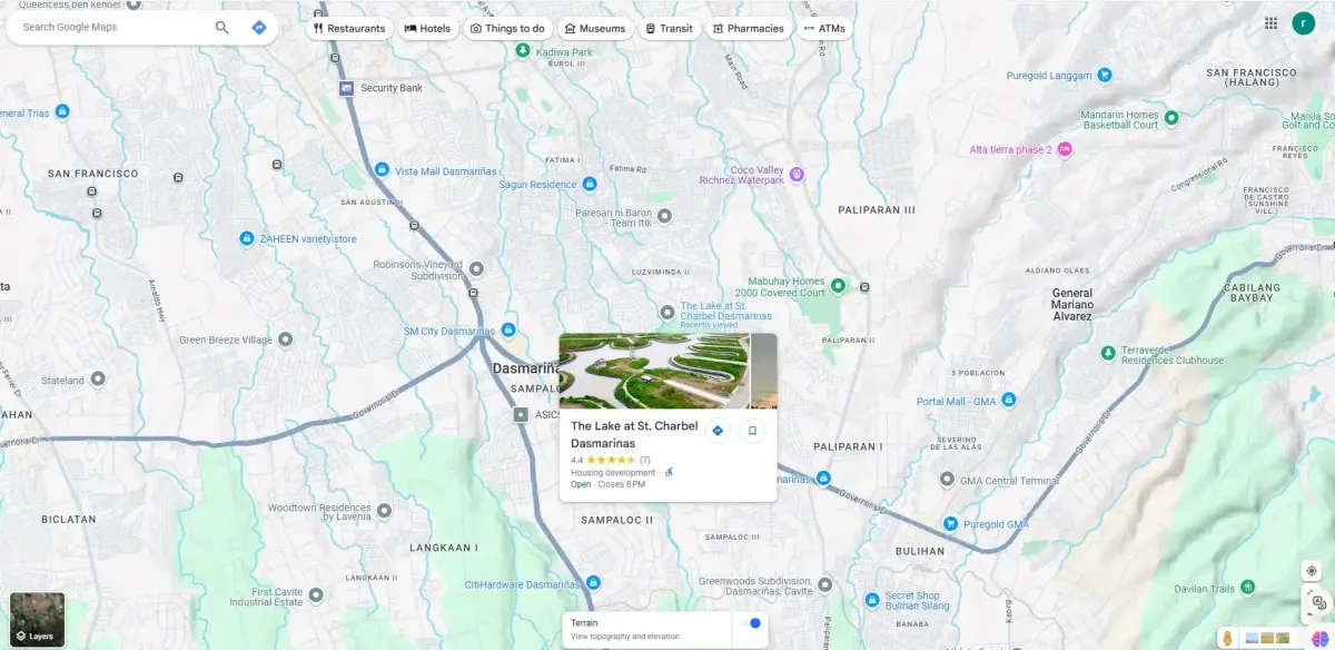 Google map showing key locations around The Lake at St. Charbel Dasmarinas, Cavite, including schools, malls, and hospitals.