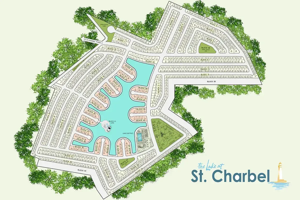 Subdivision map of The Lake at St. Charbel showing lot sizes, lake location, and clubhouse placement within the community.