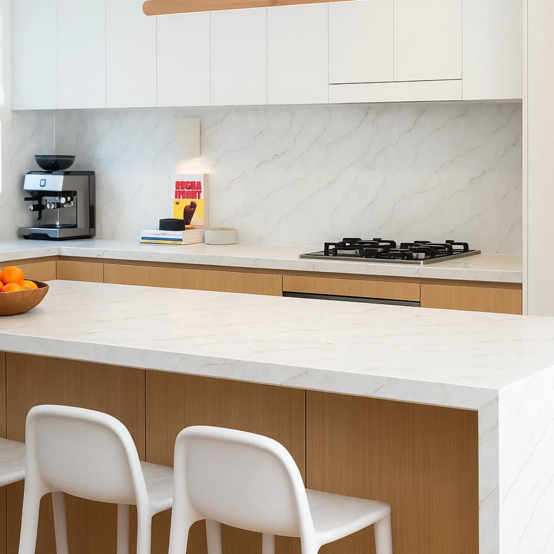 Modern kitchen with polished white and beige marble countertops, light wood cabinetry, and minimalist decor, showcasing the River Birch Counter Surface with soft grey-beige veining.