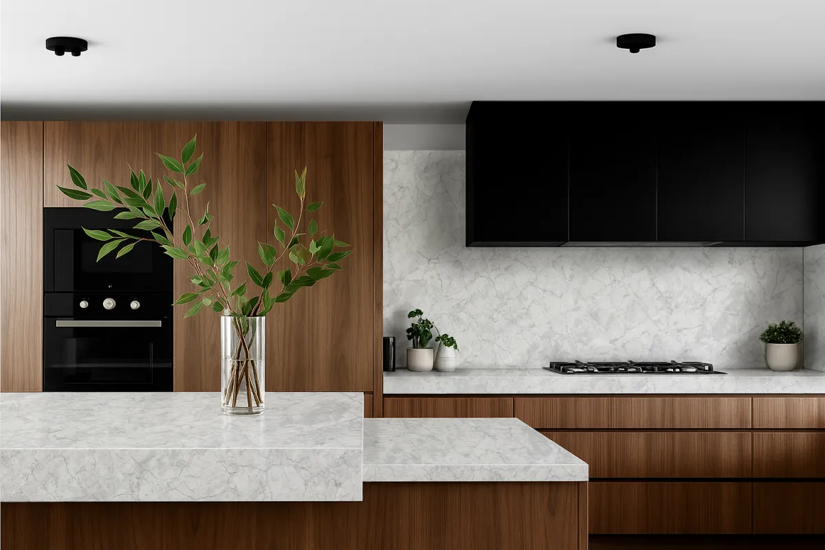 Contemporary kitchen with polished creamy marble countertops featuring soft ash-grey veining, paired with wood cabinetry and black accents, showcasing the Ashlight Counter Surface’s refined and calming design.