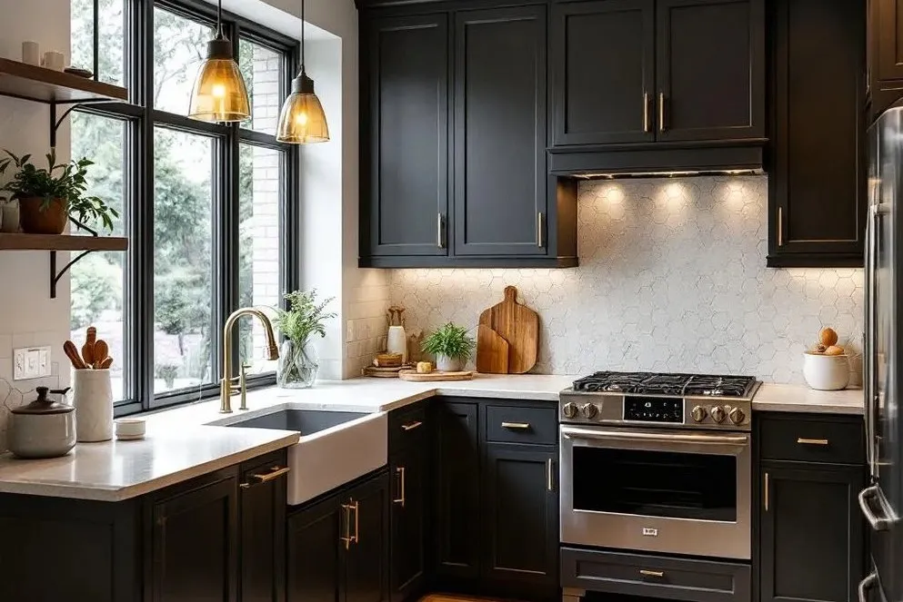 Cosmetic kitchen upgrade with dark cabinets, white countertops, pendant lighting and updated backsplash