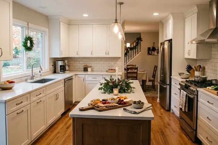 A kitchen with quartz countertops and shaker cabinets, showcasing a timely holiday kitchen remodel.