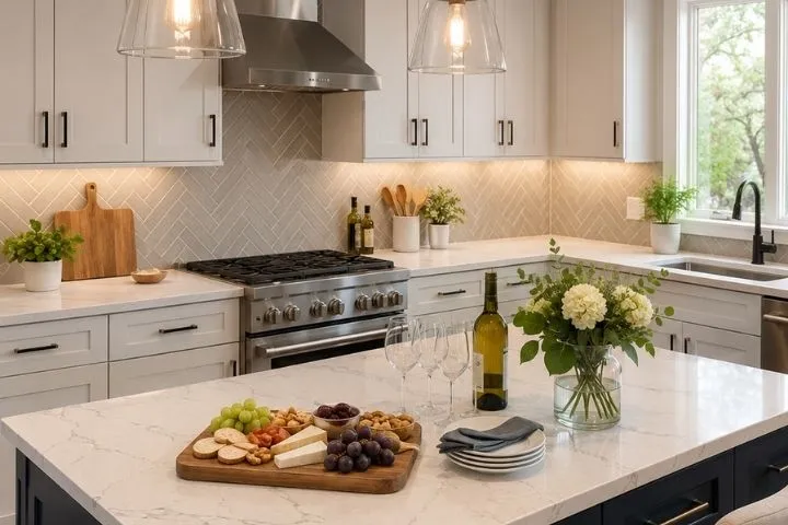 A bright modern kitchen with a marble island set for entertaining, showcasing kitchen remodeling ideas.