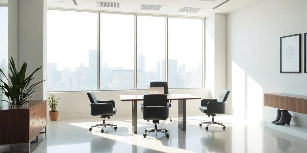 Bureau moderne avec vue sur la ville.