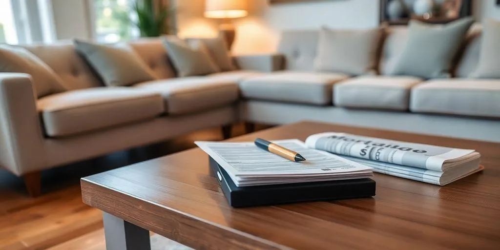 Salon confortable avec documents financiers sur la table.