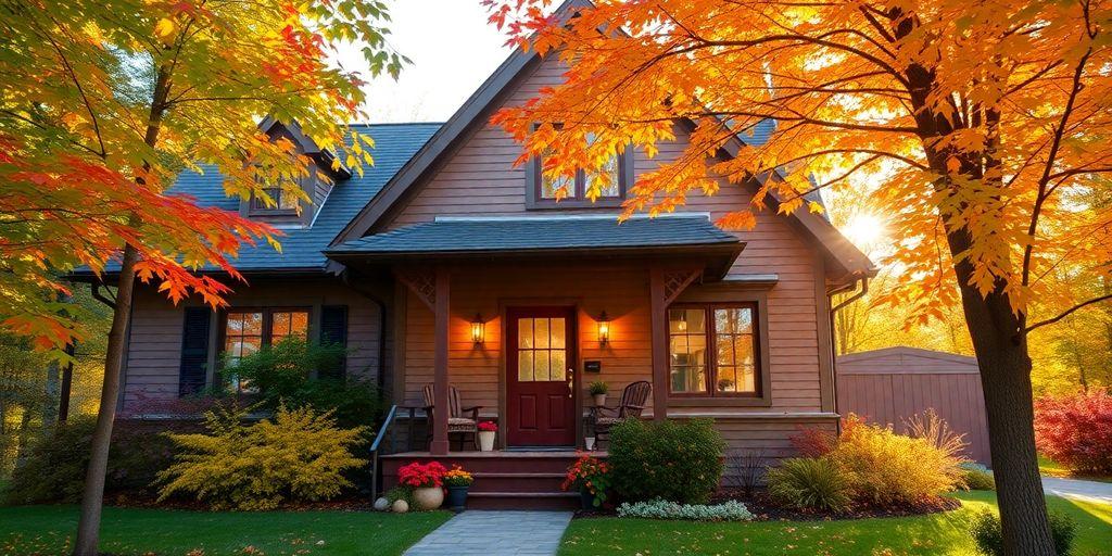 Maison accueillante à Québec avec feuillage automnal.