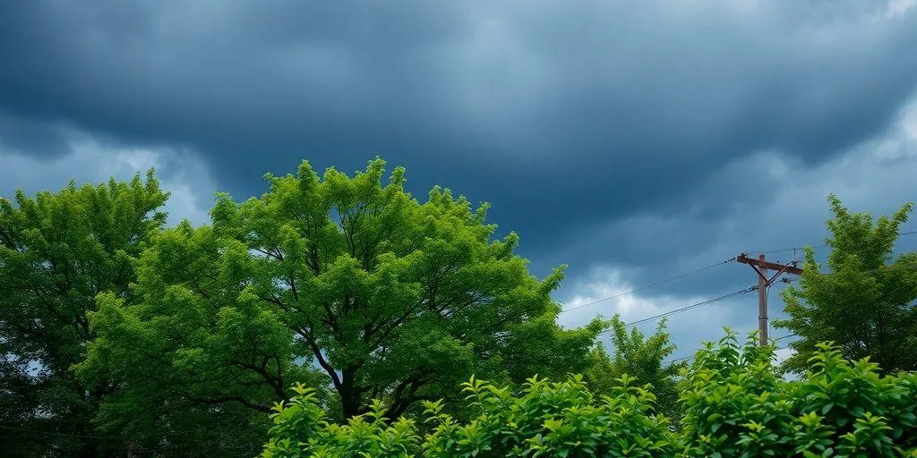 Trees with lightning protection in a stormy landscape.