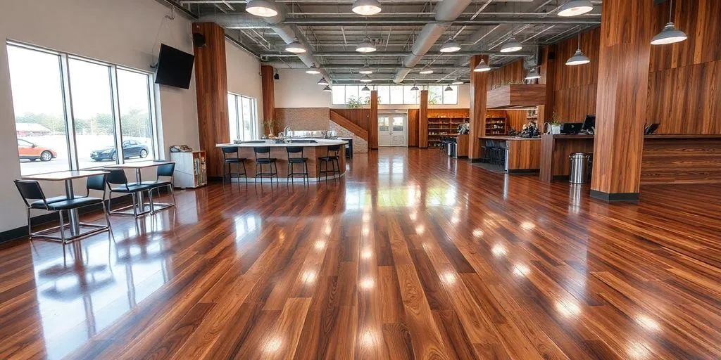 Espace commercial moderne avec un sol en bois époxy brillant.