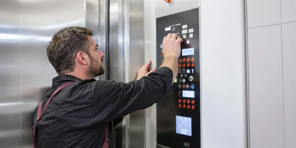 Technicien qui répare un ascenseur dans un environnement dangeureux