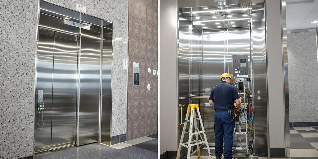 Ascenseur moderne avec un technicien en réparation