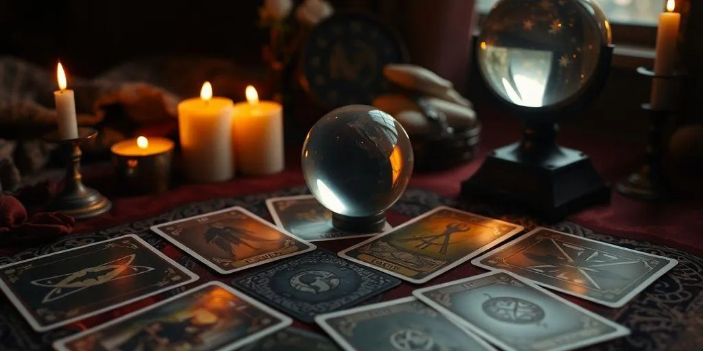 Tarot, bougies et boule de cristal dans une  ambiance mystique