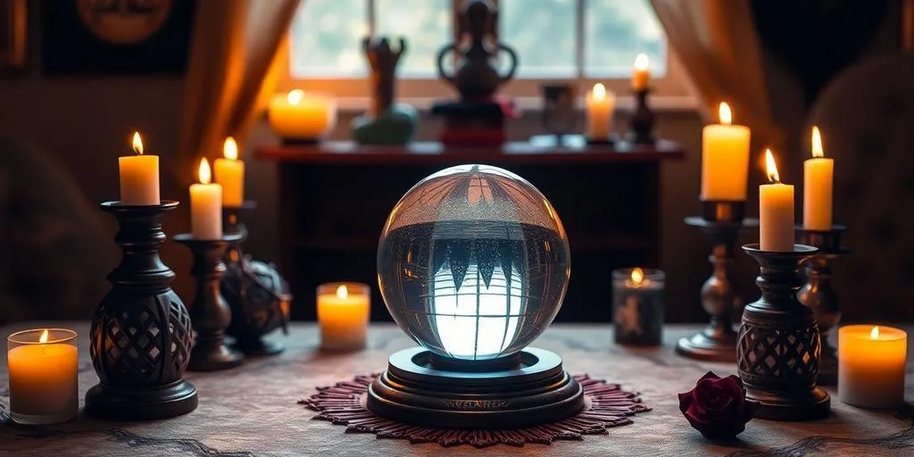 Boules de cristal et bougies dans une ambiance mystique