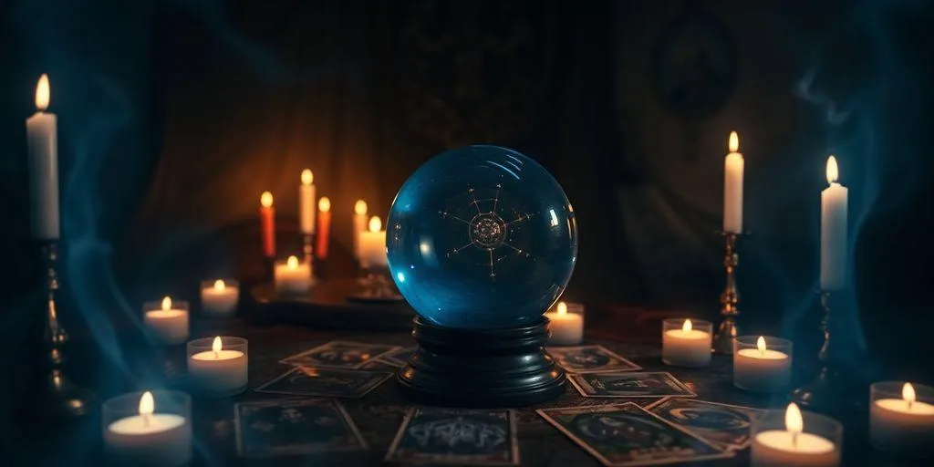 Boule de cristal entourée de bougies  de carte