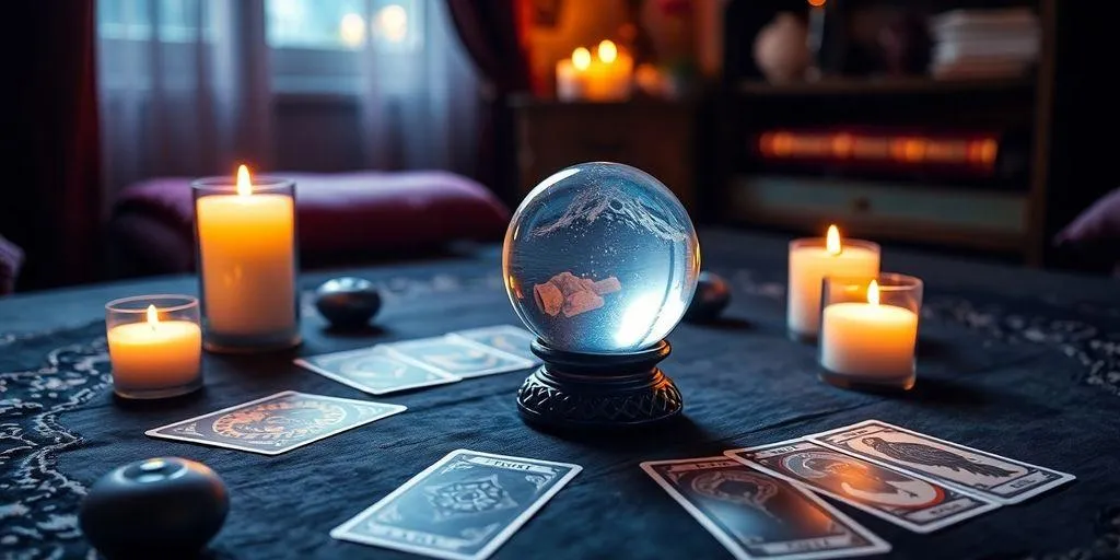 Table avec cartes de Tarot et boule de cristal