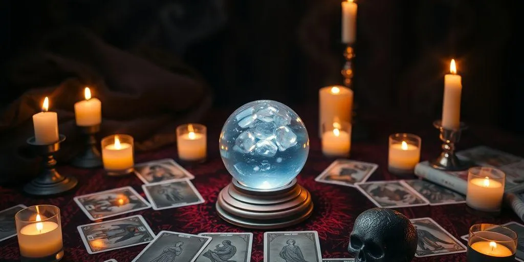 Boule de cristal et cartes de tarot sur une table