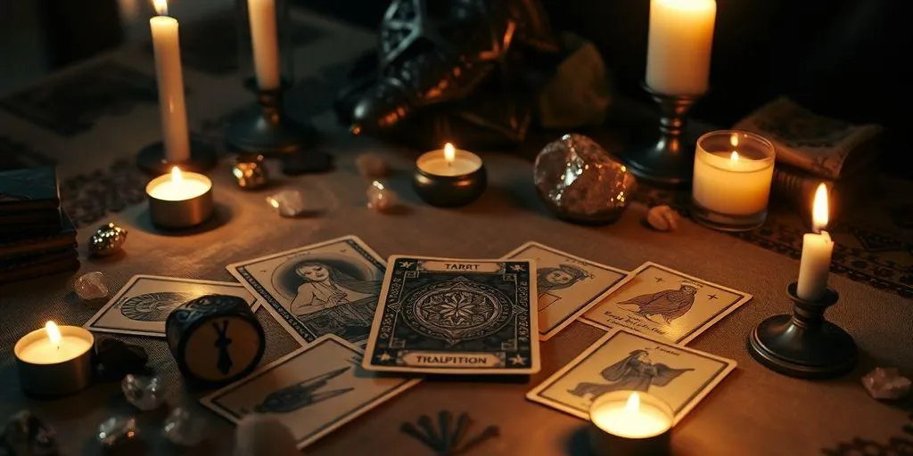 cartes de tarot et bougies sur une table mystique