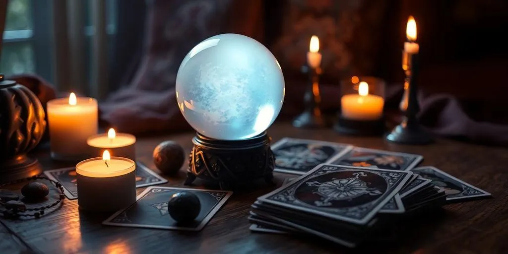 Boule de cristal et cartes tarot sur une table