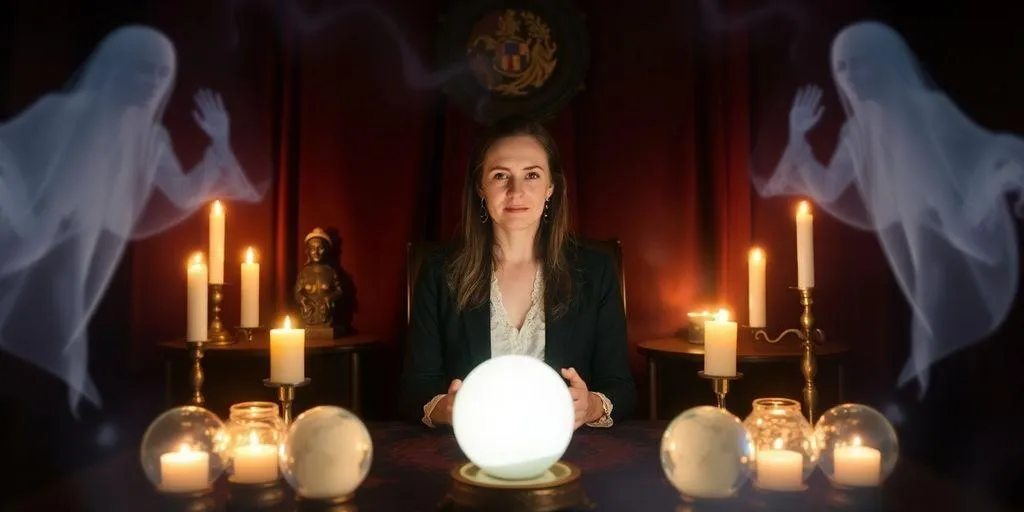 une médium avec des esprits dans une pièce sombre