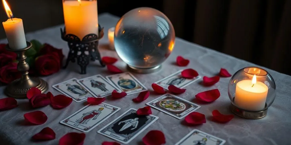 Scène de tarot amoureux avec des bougies et des cartes 