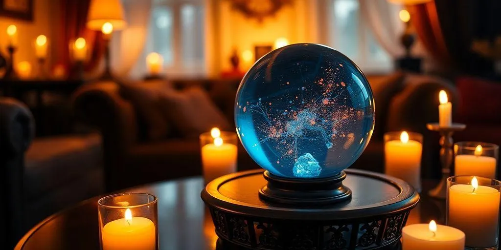 Boule de cristal avec bougies dans une pièce cozy