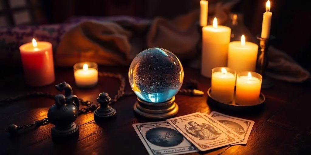 Boule de cristal et cartes de tarot sur la table.