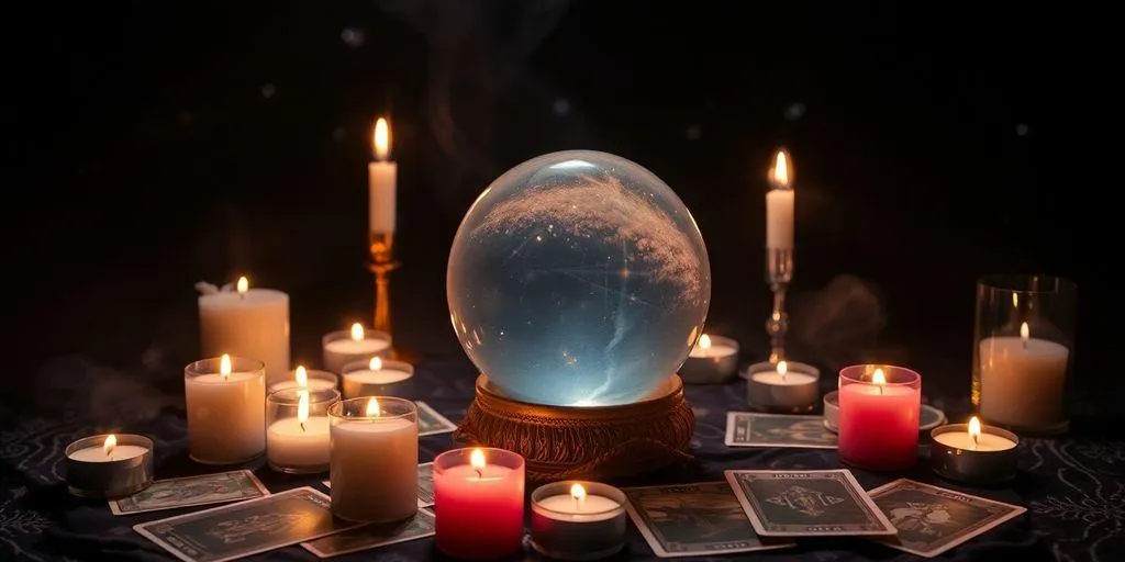 Boule de cristal et cartes de tarot dans l'obscurité.