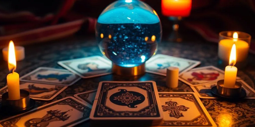 Image de cartes de tarot et boule de cristal.