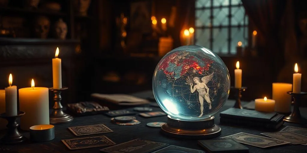 Boule de cristal et carte tarot sur une table.
