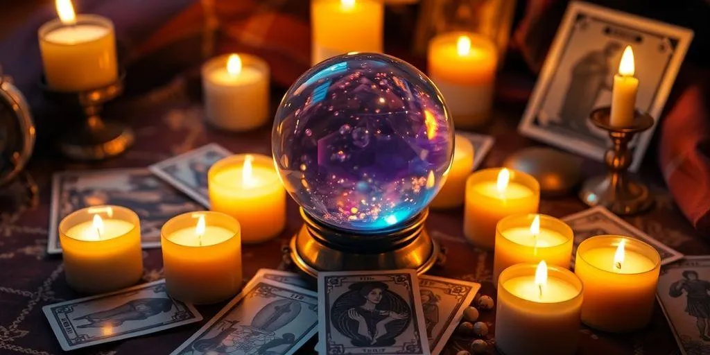 boule de cristal et cartes de tarot sur une table