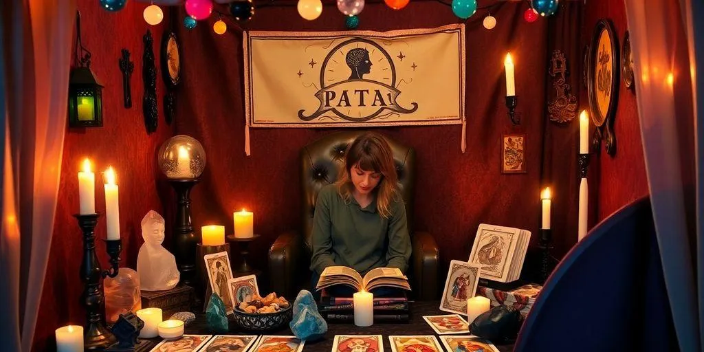 U stand de voyance avec des bougies et des cristaux