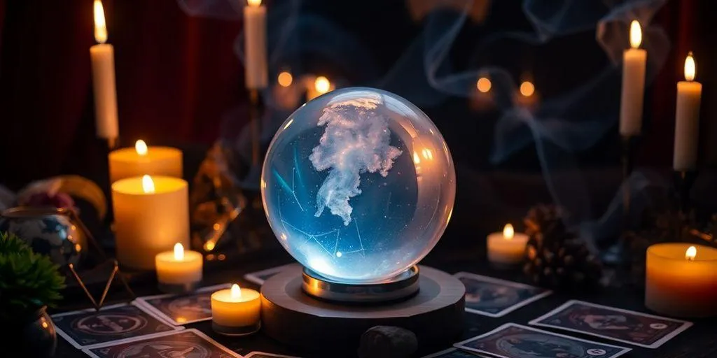 Boule de cristal avec de cartes tarot et des bougies
