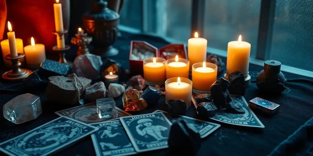 Carte de tarot et cristaux dans une ambiance mystique