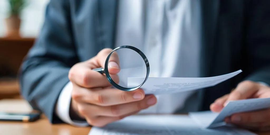 private investigator analyzing dcuments with a magnifyng glass